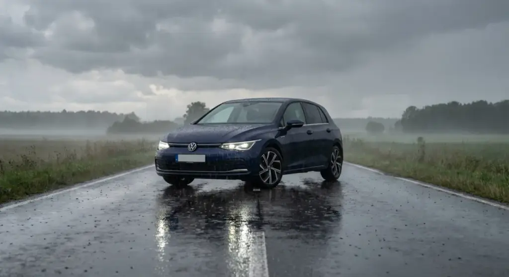 Voitume de la marque Volkswagen sous la pluie