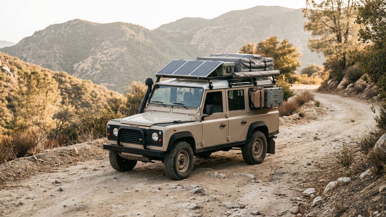 Landiste avec Land Rover personnalisée équipée de panneaux solaires et matériel d'expédition