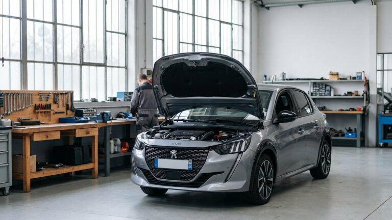 Moteur PureTech d'une Peugeot 208 en atelier automobile