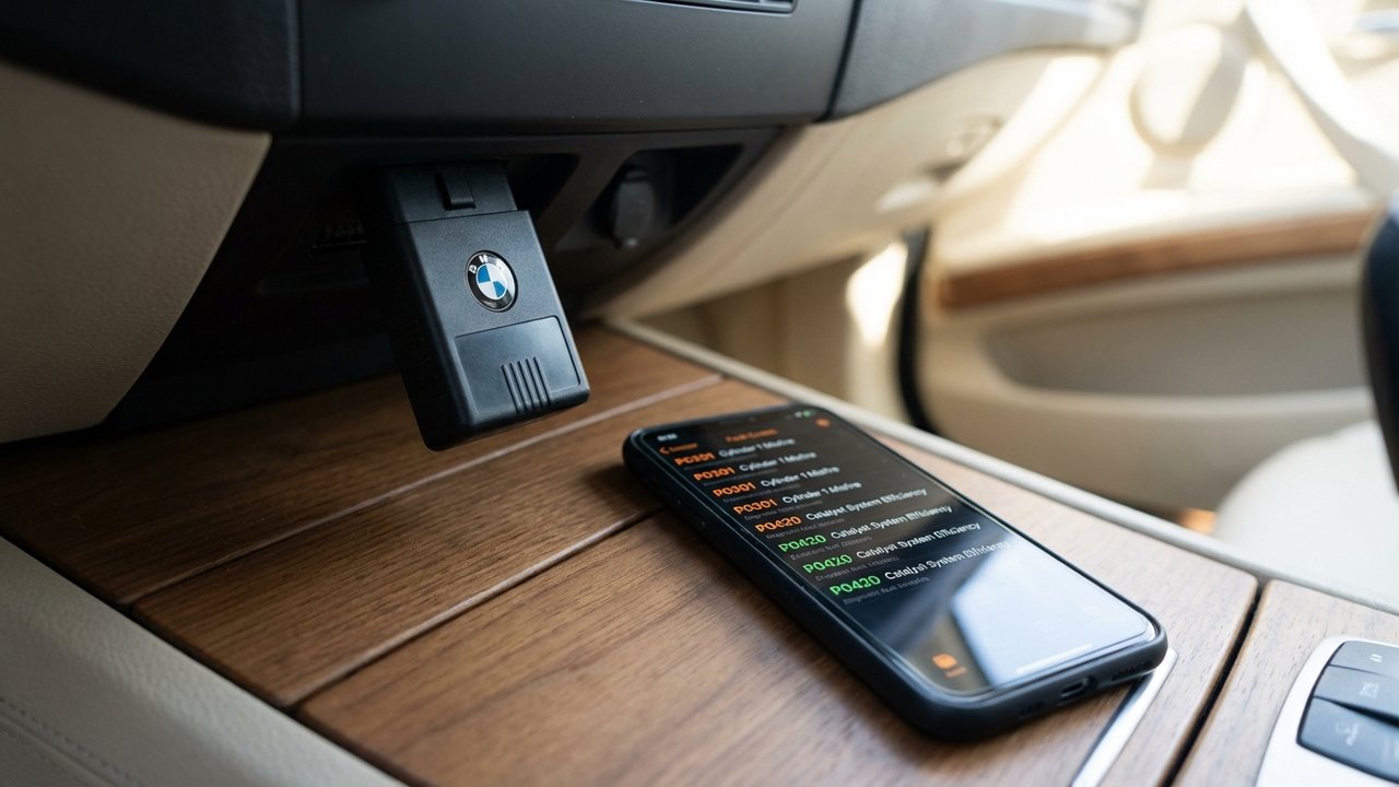 Scanner OBD2 connecté à un téléphone pour diagnostic des voyants BMW