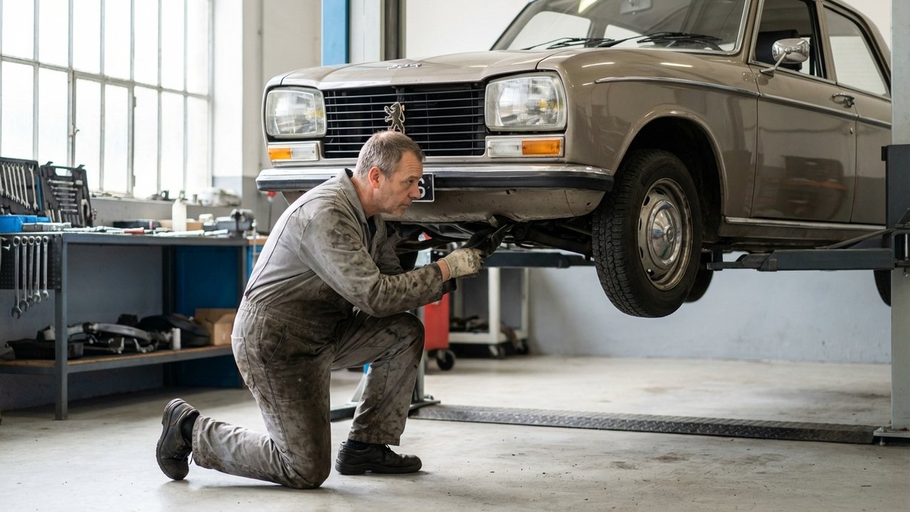 Inspection du berceau avant et suspension d'une Peugeot 304