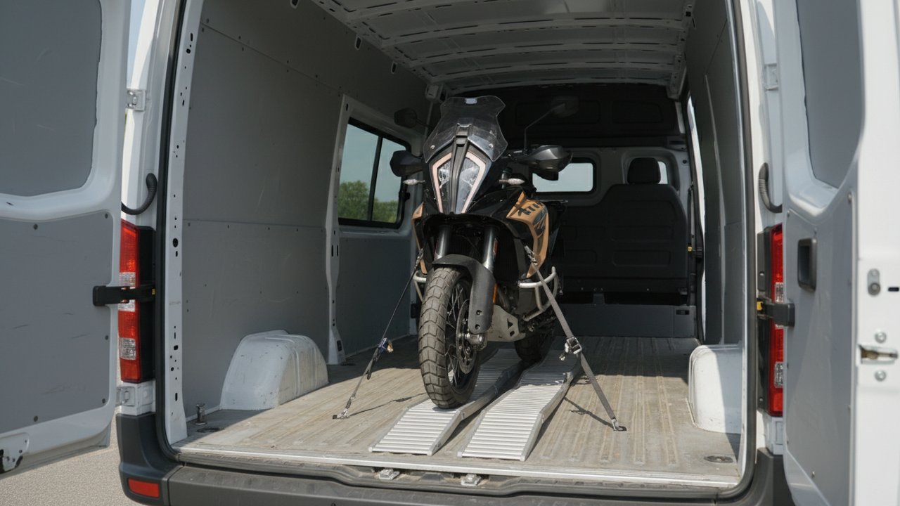 Chargement d'une moto via rampe dans un fourgon