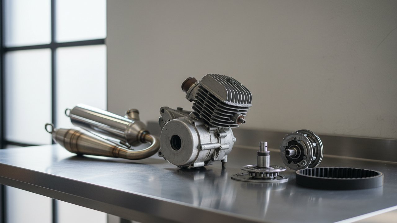 Pièces détachées d'une 50cc : pot d'échappement, variateur et carburateur