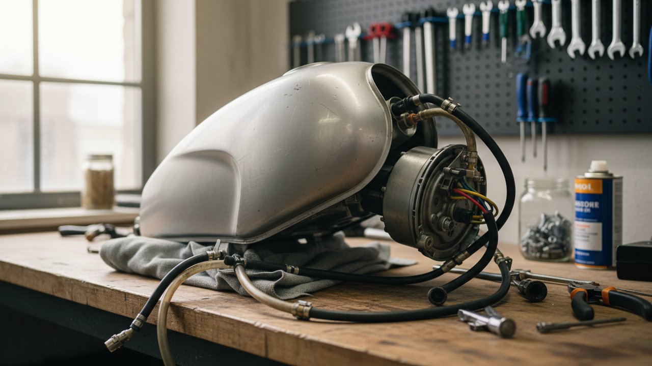 Démontage d'un réservoir de moto : déconnexion des durites et bouchage des orifices