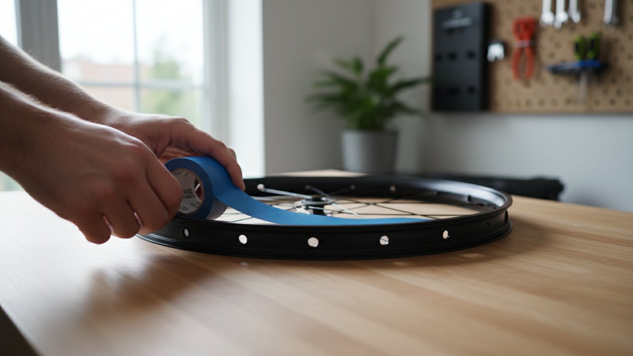 Installation du ruban tubeless sur une jante de vélo