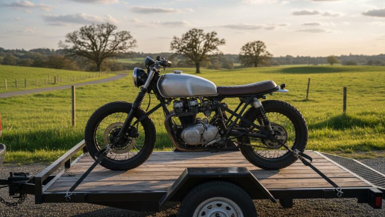 Moto correctement sanglée sur une remorque de transport