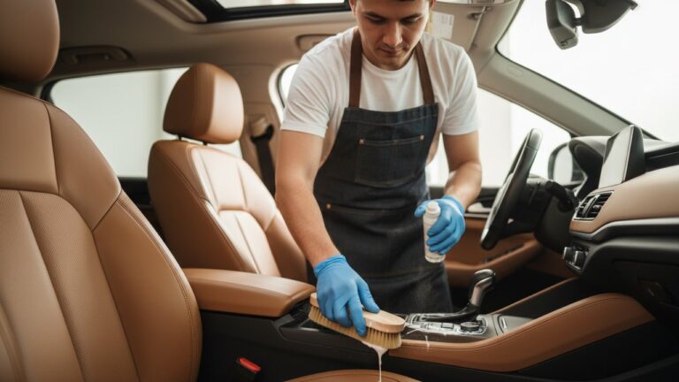 Nettoyage des sièges en cuir d'une voiture avec une brosse douce