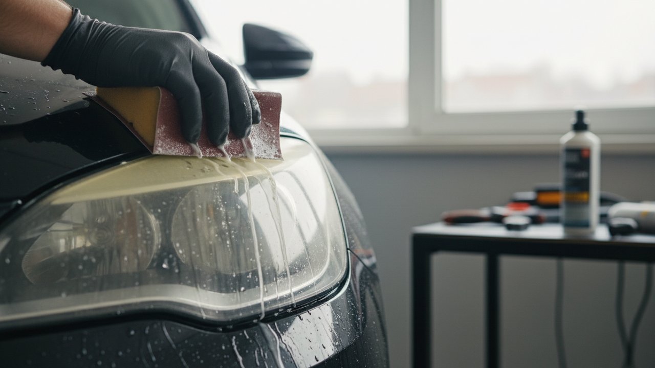 Rénovation manuelle d'un phare de voiture au papier abrasif