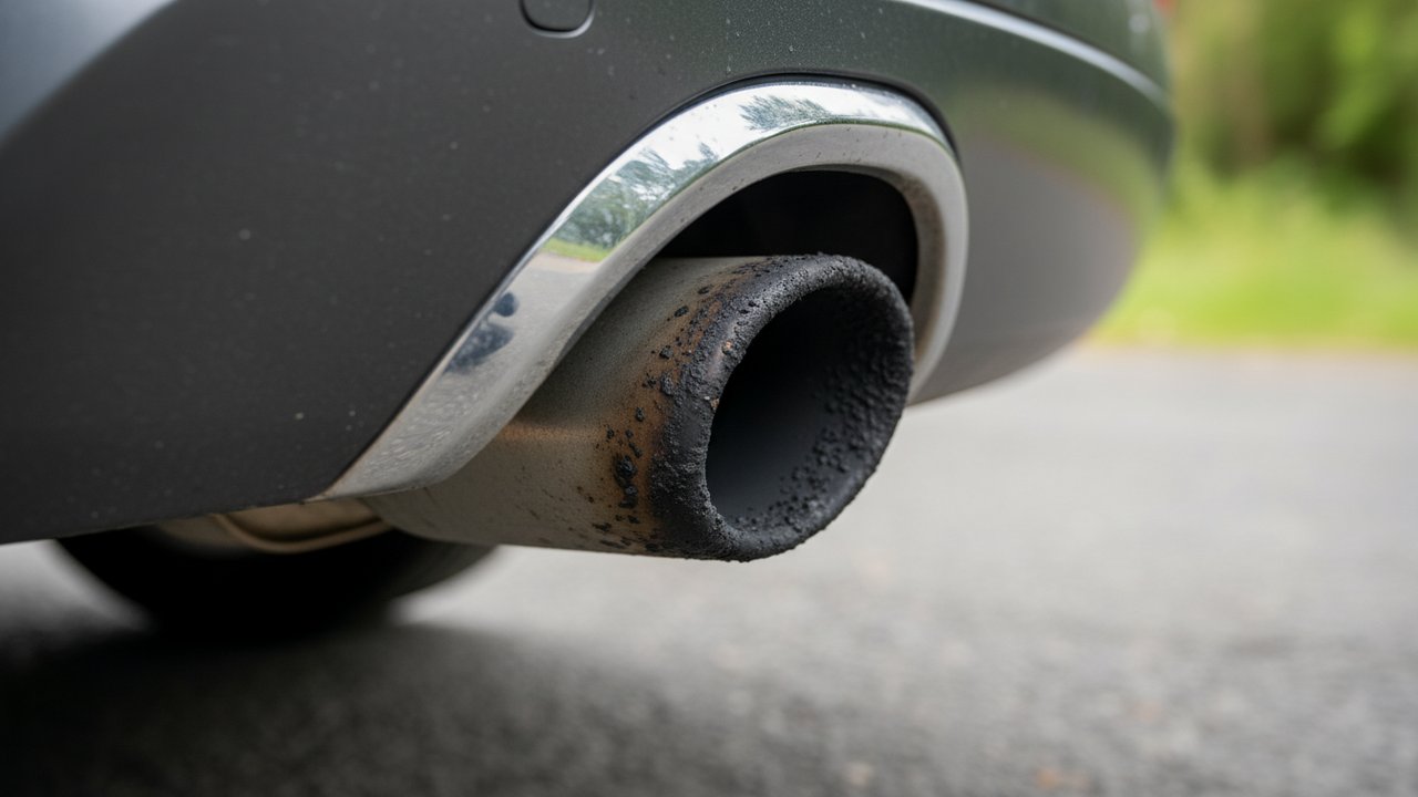 Sortie d'échappement diesel avec dépôts de suie noirâtre