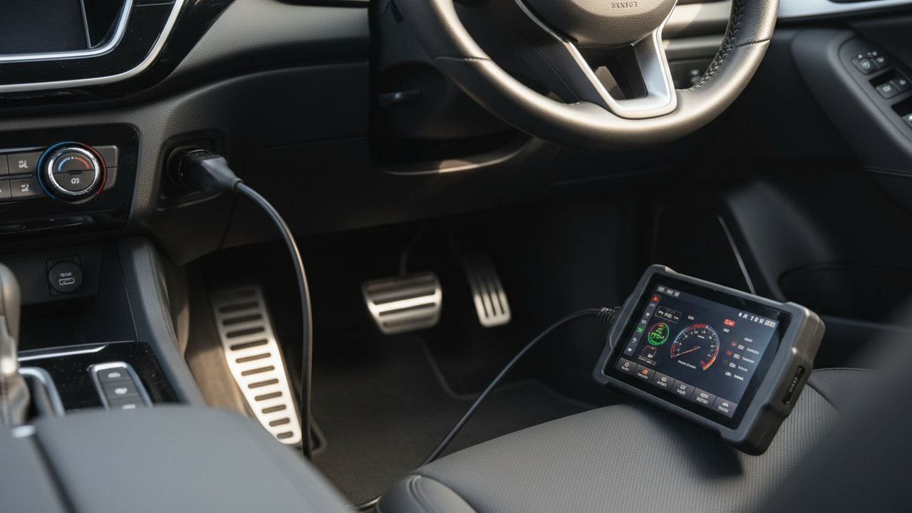 Valise diagnostic branchée sur la prise OBD d'un véhicule pour reprogrammer le BSI