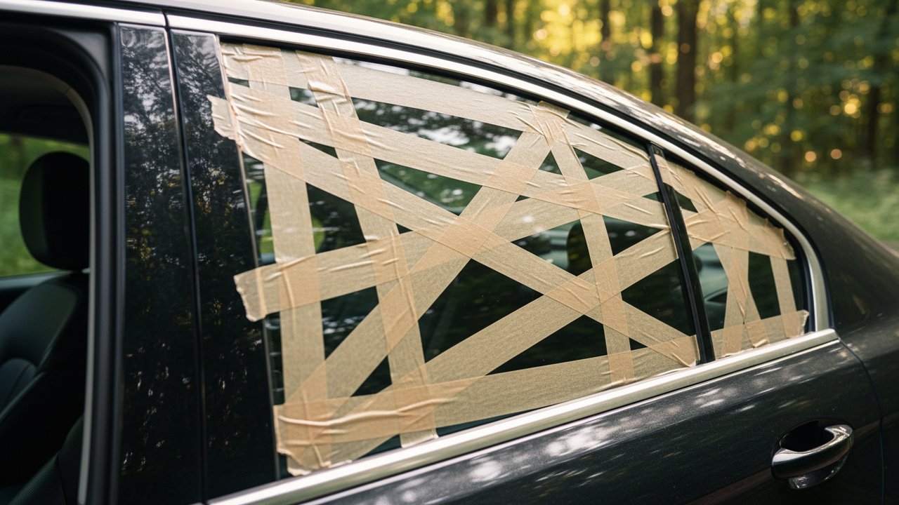 Vitre de voiture bloquée avec du ruban adhésif robuste