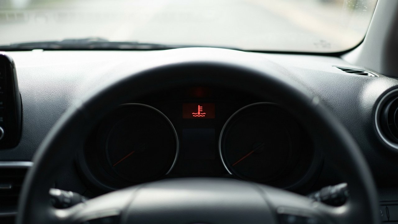 Voyant rouge de surchauffe moteur allumé sur un tableau de bord automobile