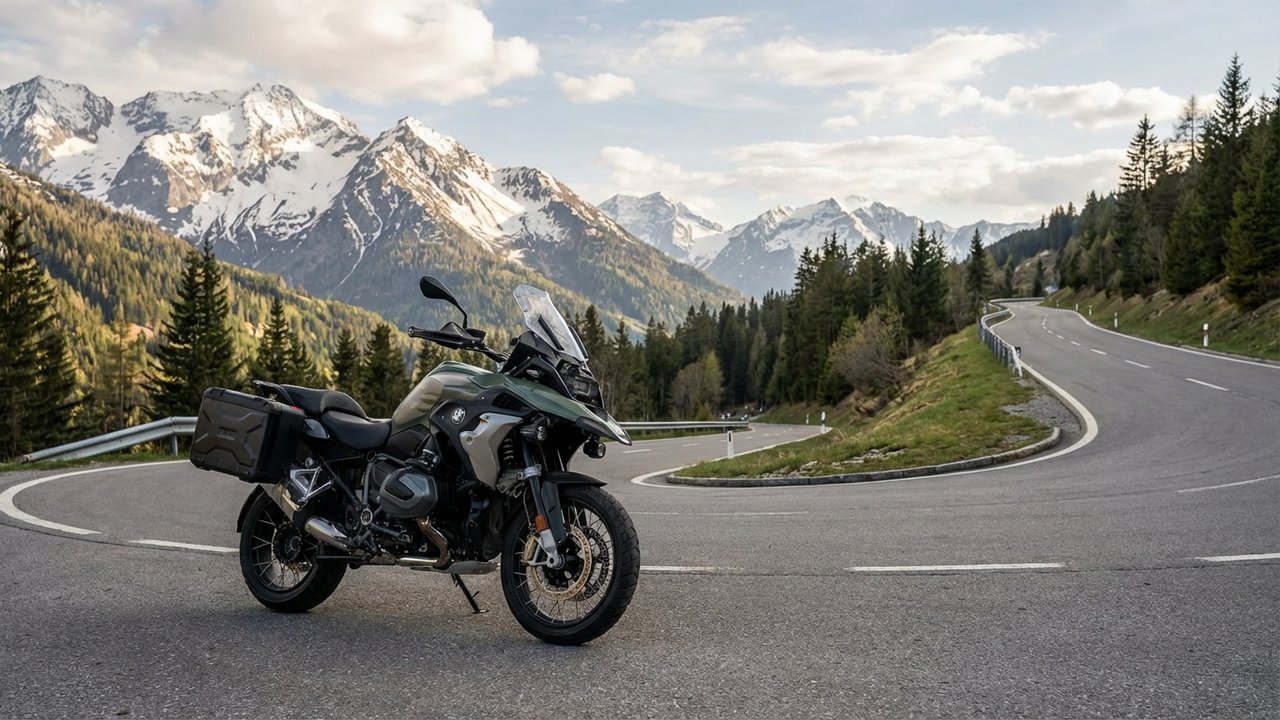 Moto BMW R 1300 GS Adventure sur route de montagne