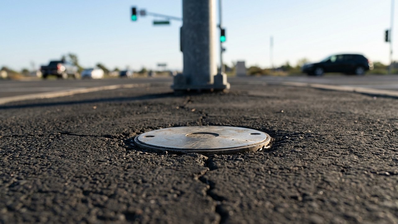 Capteurs magnétiques enfoncés dans l'asphalte devant le feu