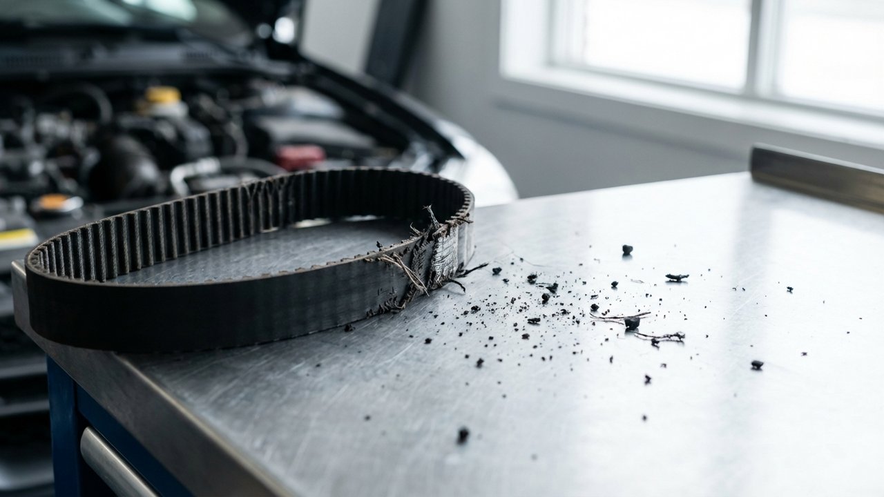 Courroie de distribution dégradée avec résidus de caoutchouc