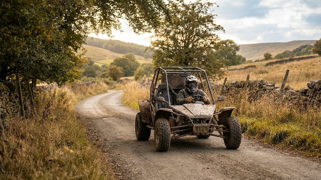 Conducteur de buggy homologué équipé d'un casque et d'équipements réglementaires