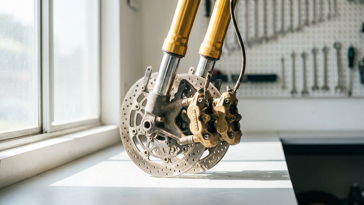 Détail de la fourche téléhydraulique inversée et des freins avant BMW R1200GS