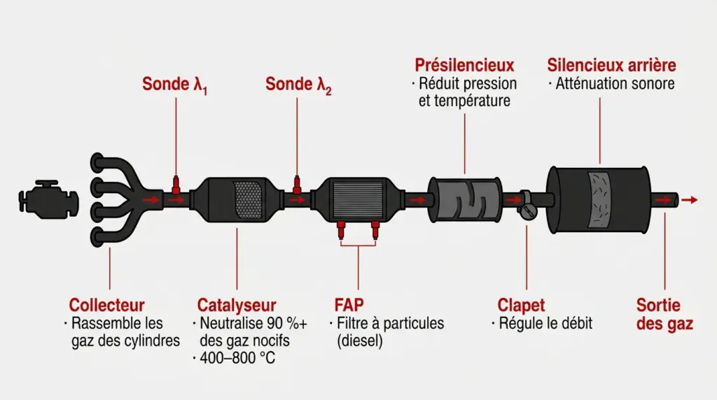 Schéma complet représentant une ligne d'échappement