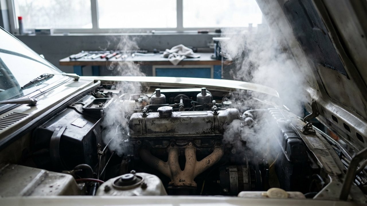 Fumée blanche au démarrage à froid d'un moteur de voiture