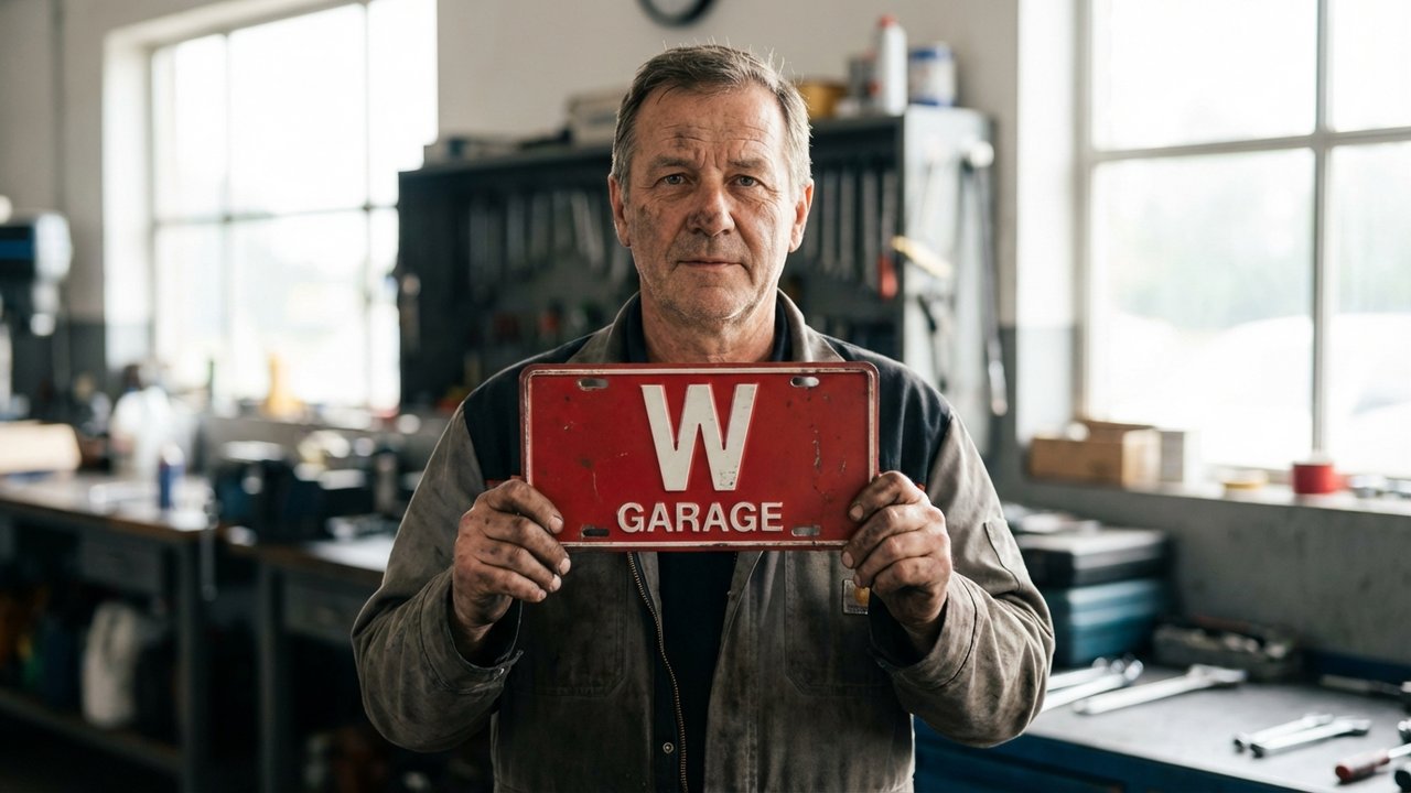Plaque W garage caractères rouges fond blanc professionnel