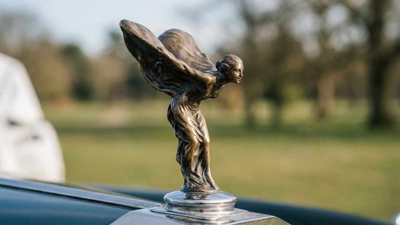 Détail de la Spirit of Ecstasy montrant les robes fluides et les bras tendus