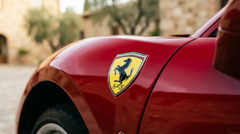 Logo cheval cabré sur une voiture de sport rouge
