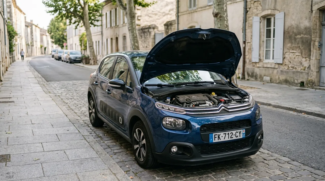Moteur d'une Citroën C3 visible sous le capot ouvert