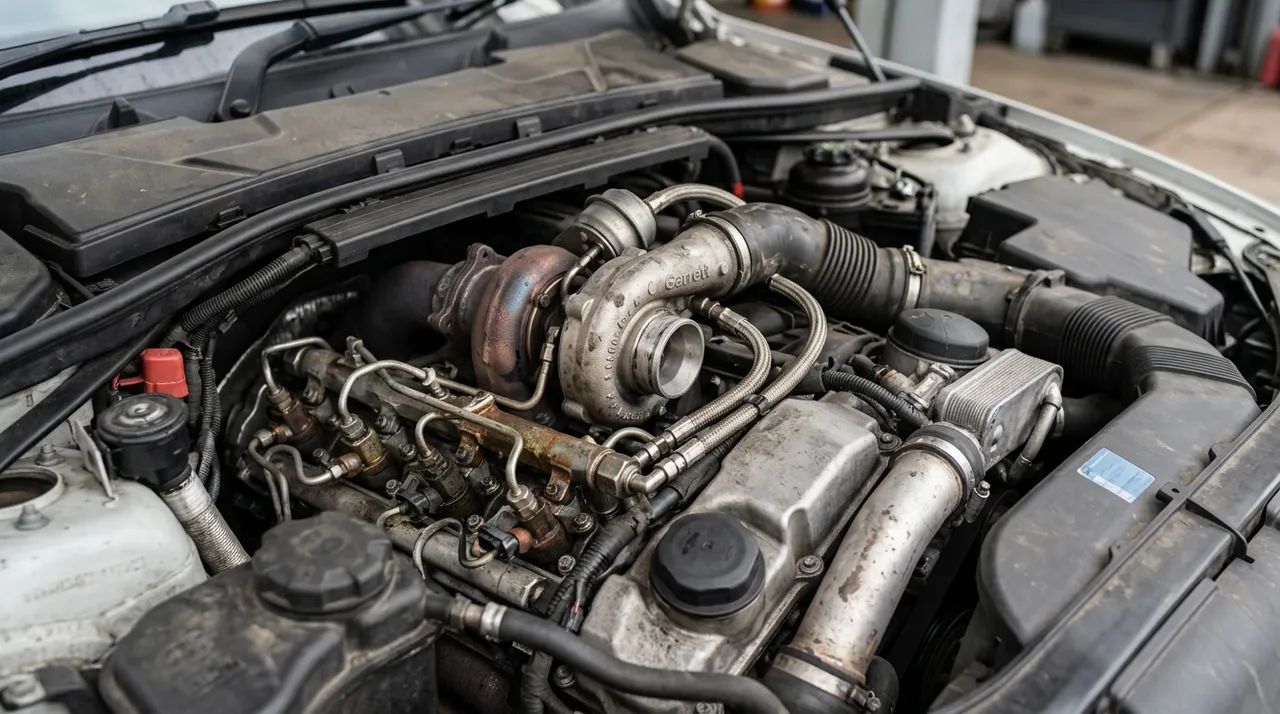 Moteur diesel turbo usé de C4 Picasso en gros plan