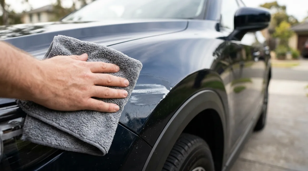 Nettoyage d'une trace de peinture sur carrosserie avec chiffon microfibre