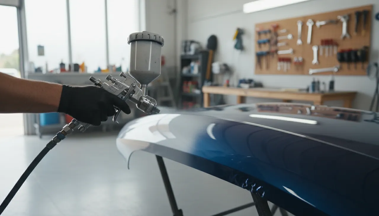 Application de peinture au pistolet sur une aile de voiture