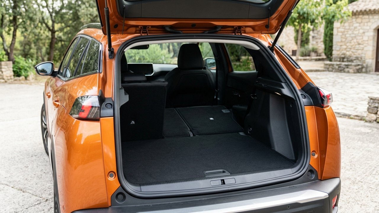 Coffre de la Peugeot 2008 avec sièges arrière rabattus affichant 1467 litres de volume