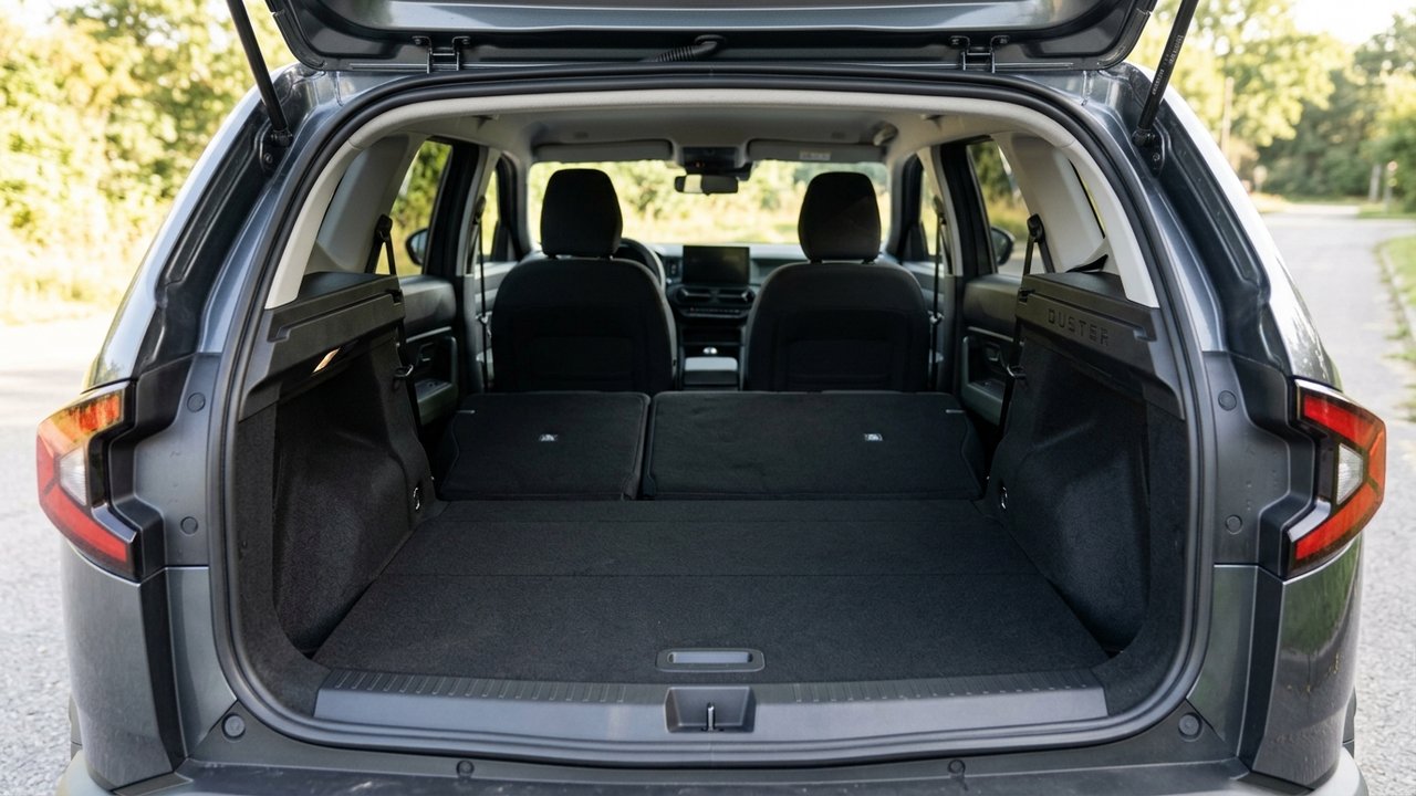 Coffre du Dacia Duster avec banquette rabattue, volume maximal de 1 696 litres