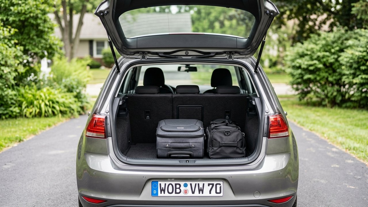 Coffre ouvert d'une Volkswagen Golf 7 montrant le volume de chargement