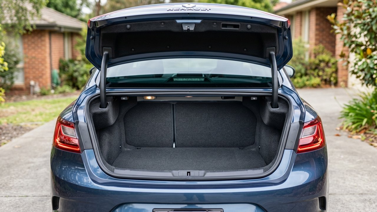 Vue du coffre ouvert d'une Mégane 4 berline montrant son volume de rangement