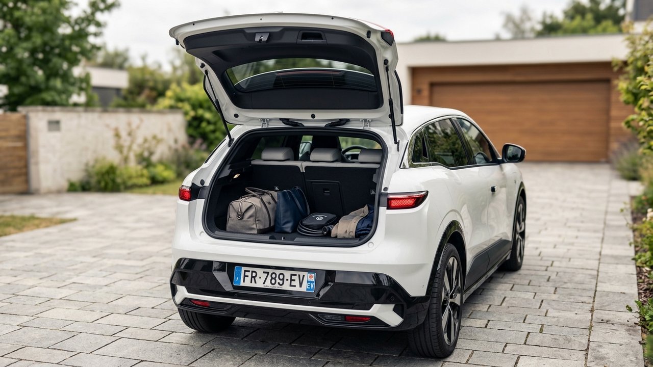 Coffre ouvert de la Mégane E-Tech électrique montrant son espace de chargement