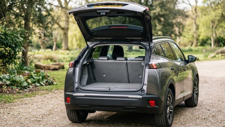 Vue du coffre ouvert d'une Peugeot 2008 avec ses 434 litres d'espace de rangement