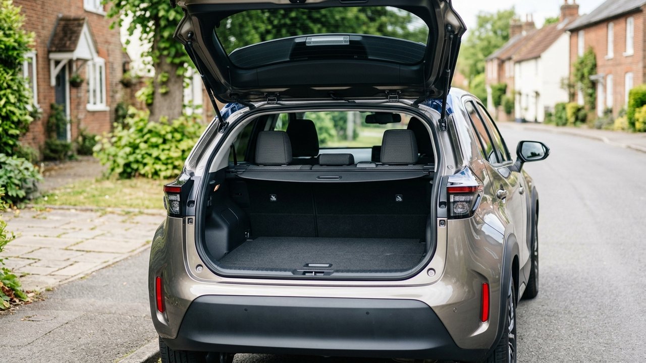 Coffre ouvert de la Toyota Yaris Cross avec volume de chargement visible