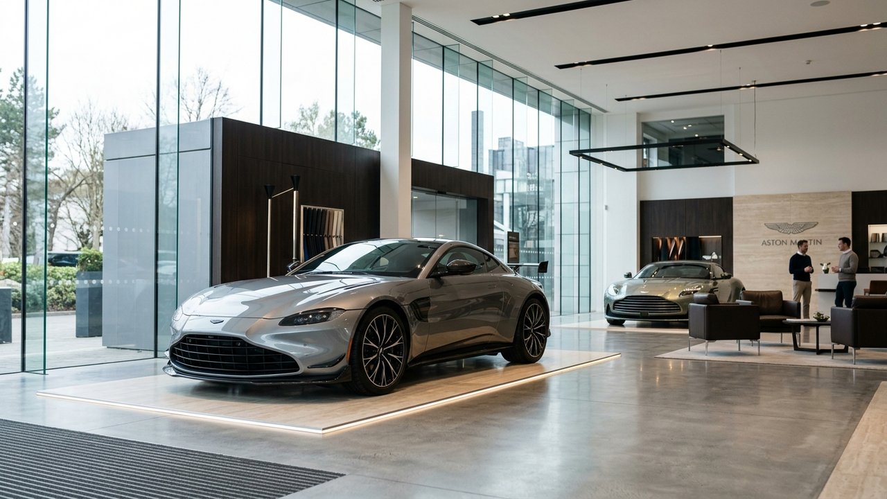 Voiture Aston Martin Vantage exposée dans un showroom officiel