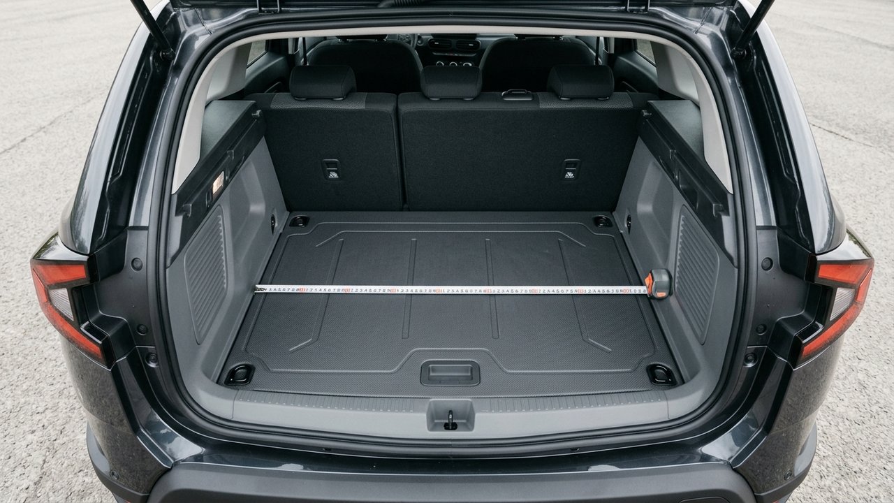 Vue de dessus du coffre du Dacia Duster montrant la largeur et profondeur disponibles
