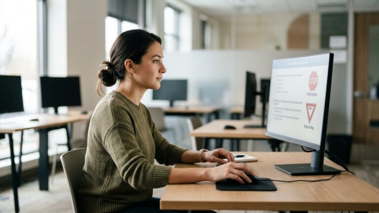 Candidat passant l'examen théorique du code de la route avec des questions pièges