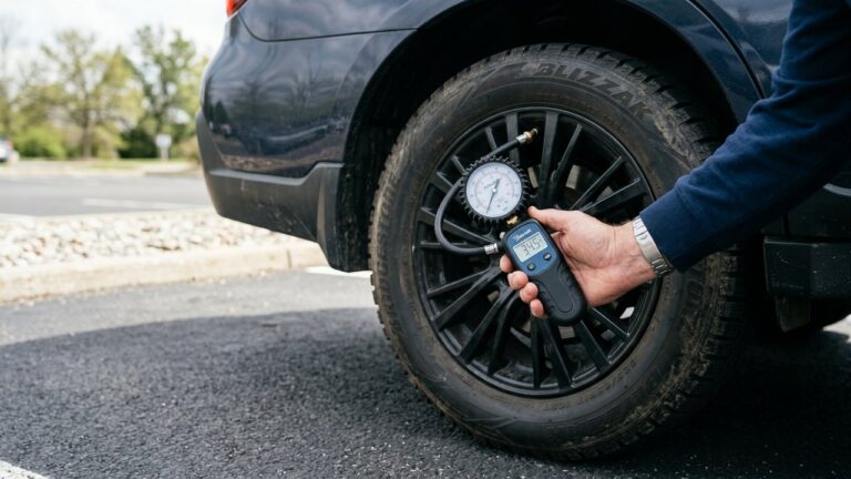Vérification de la pression des pneus d'une Peugeot 206 avec un manomètre