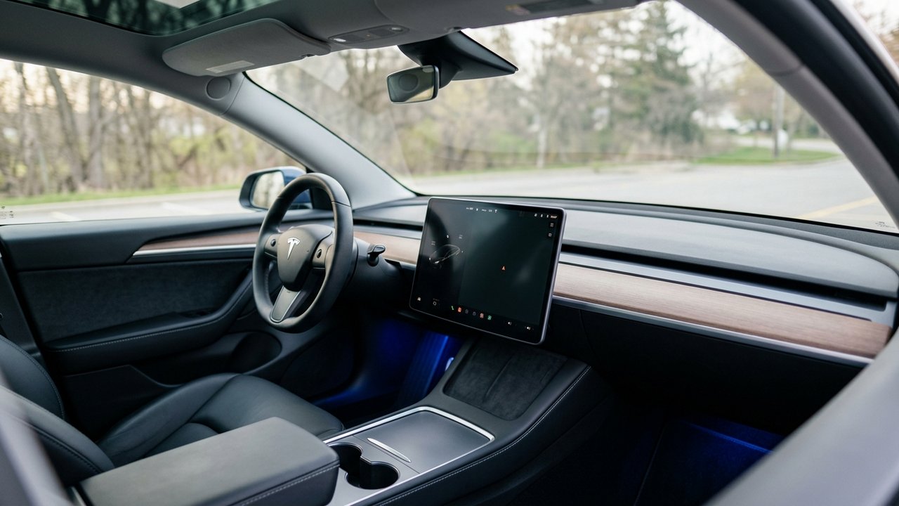 Intérieur du Tesla Model Y avec écran central 16 pouces et bandeau lumineux ambiant