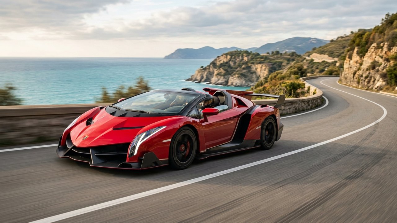 Lamborghini Veneno Roadster sans toit en mouvement