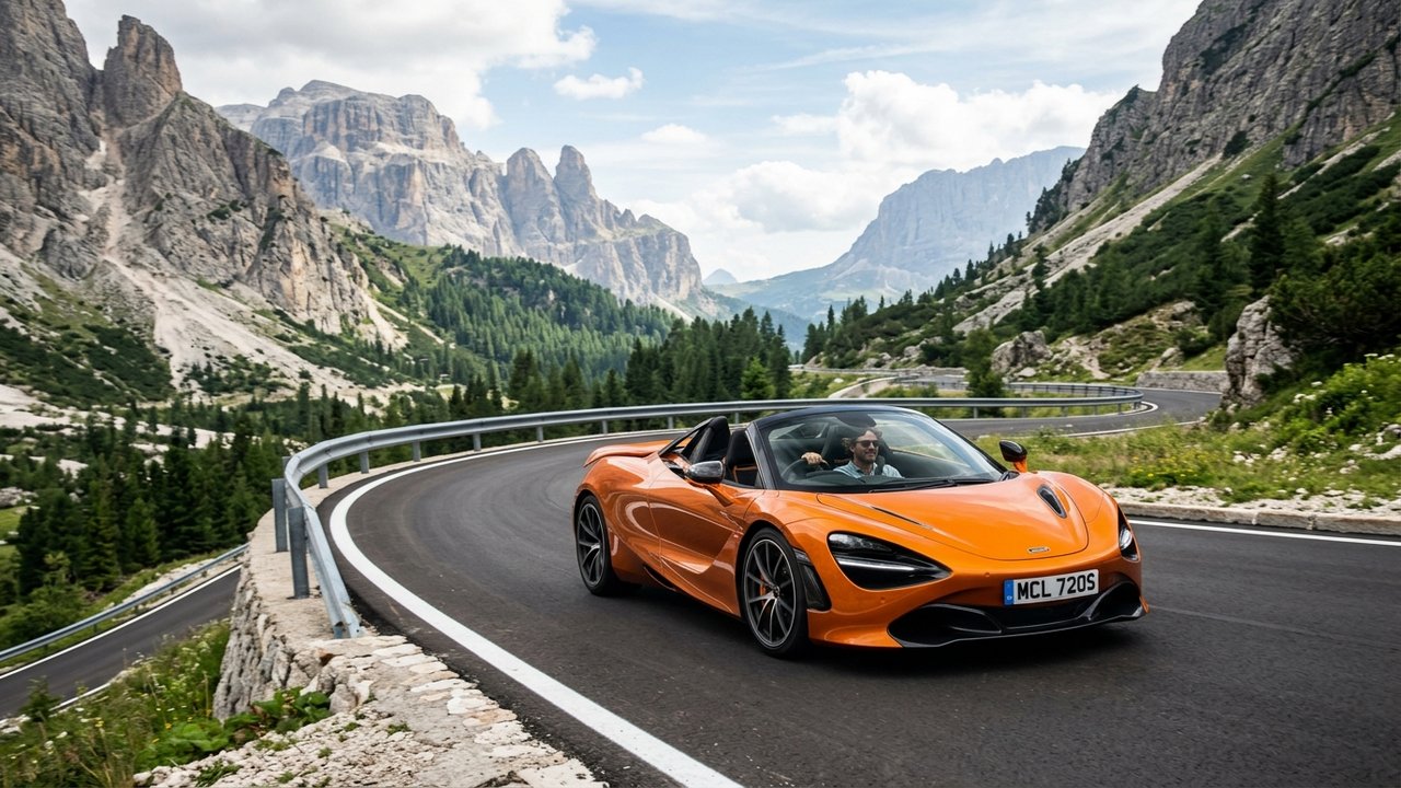McLaren 720S Spider, version cabriolet avec toit rétractable, en action sur route