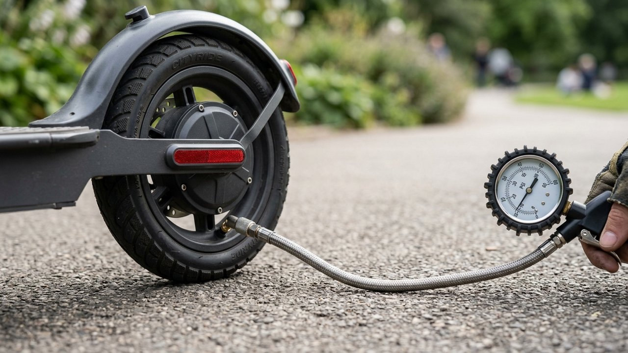 Mesure de la pression d'un pneu de trottinette électrique avec un manomètre