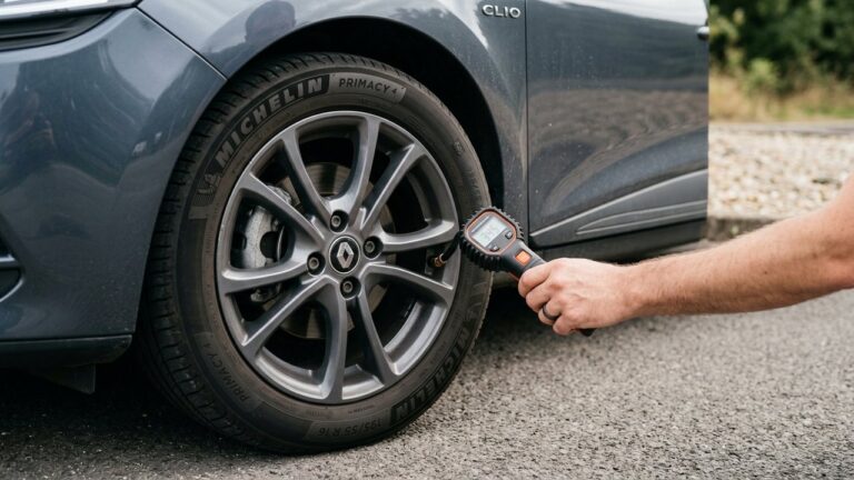 Mesure de la pression d'un pneu de Clio 4 avec un manomètre
