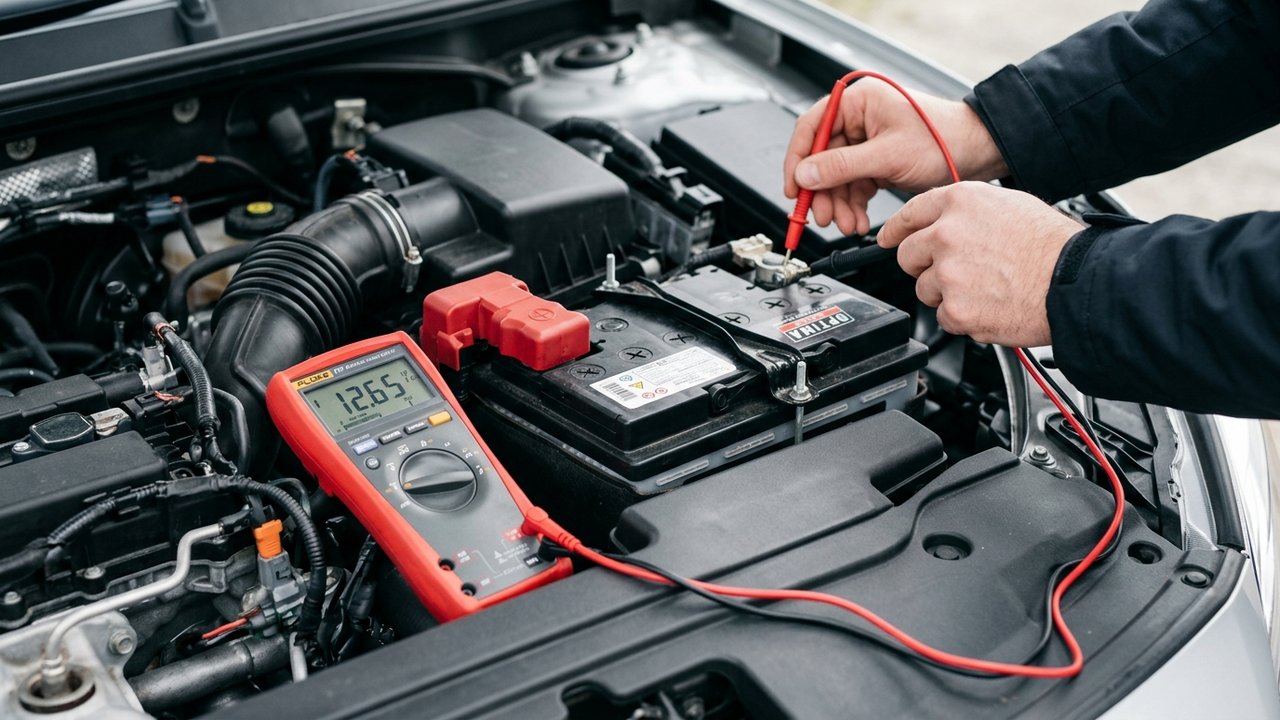 Test de tension de batterie automobile au multimètre
