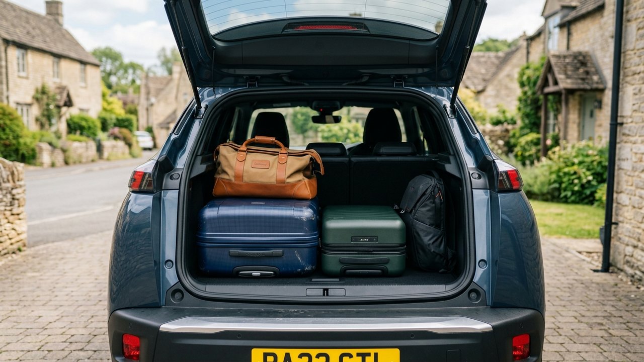 Valises chargées dans le coffre d'une Peugeot 2008 démontrant la capacité de rangement