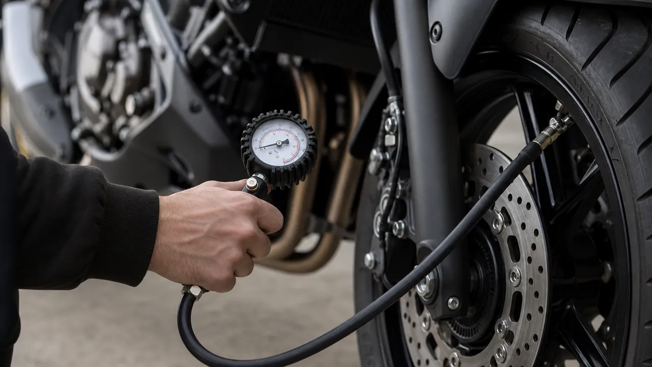 Pression des pneus d'une MT-07 contrôlée au manomètre